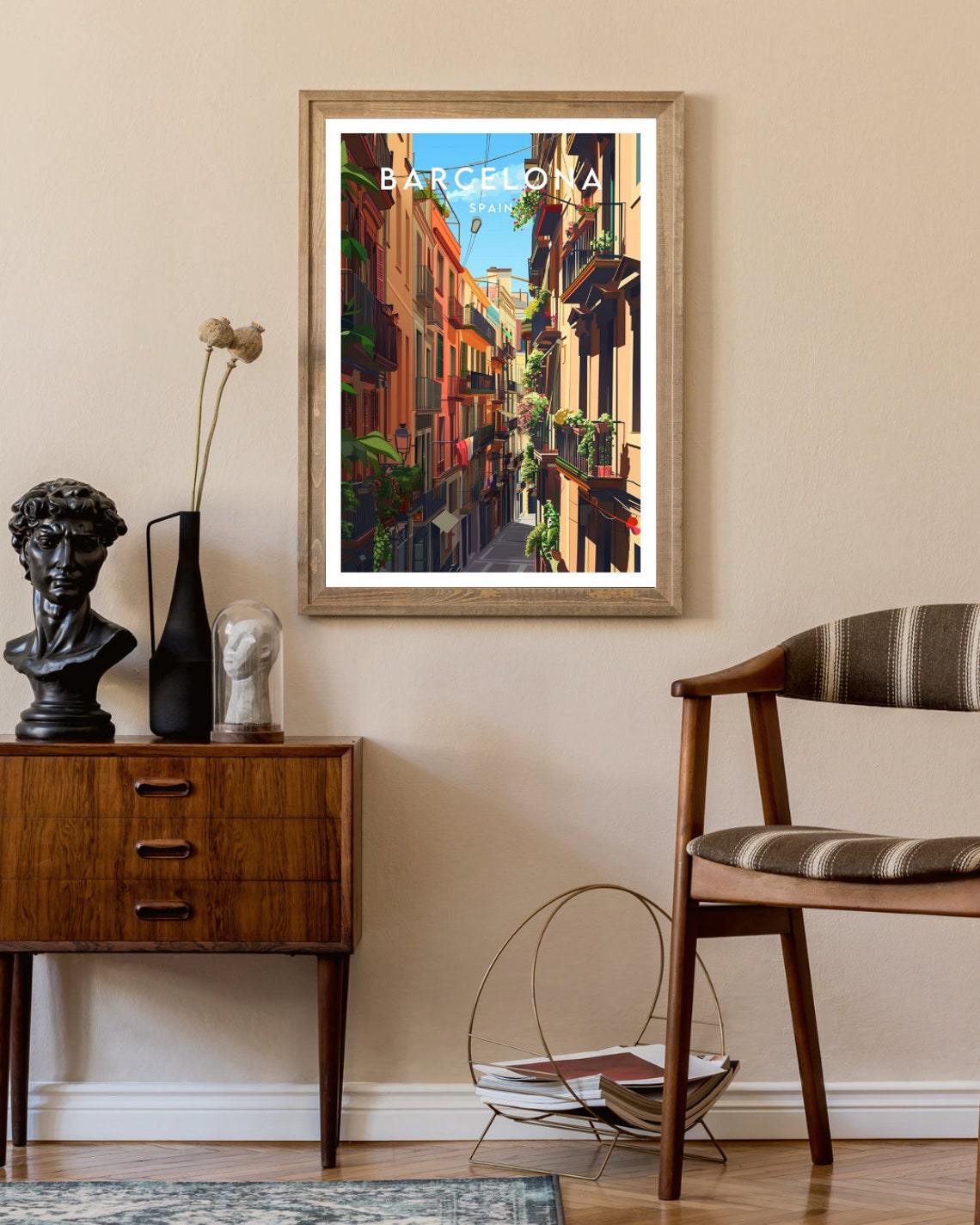Barcelona Spain Colorful Old Street with Balconies Art Poster - Image 2