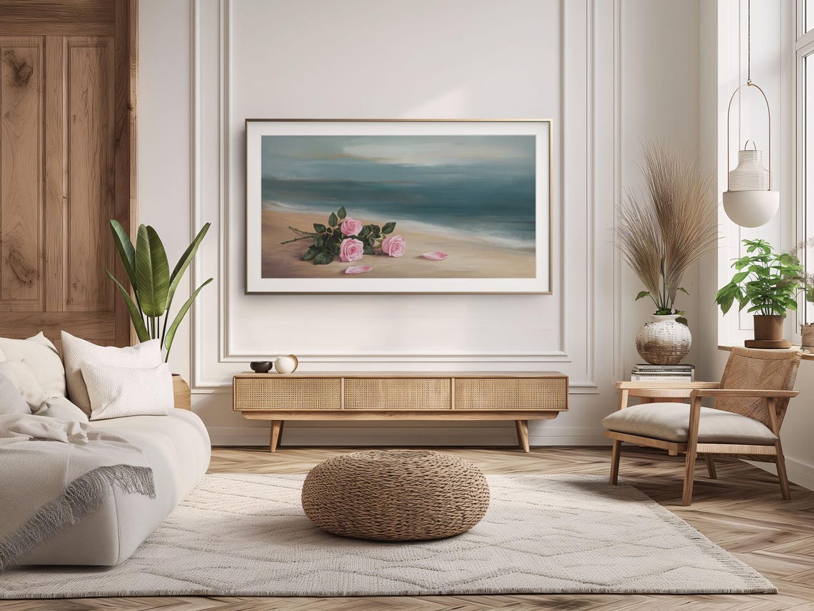 Pink Roses Sandy Beach Ocean Waves Moody Coastal Floral Poster - Image 3