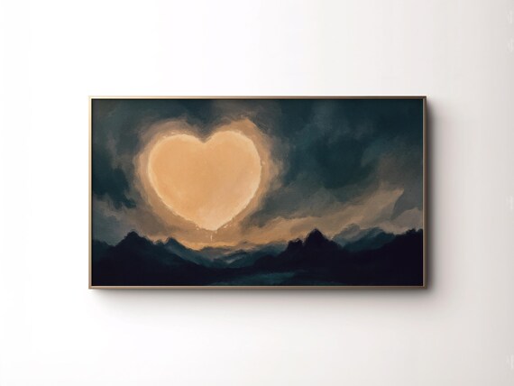 Moody Valentine Frame Tv Art Minimalist Moon Heart Artwork Abstract Mountain Landscape Painting Modern Neutral Winter Art For Tv