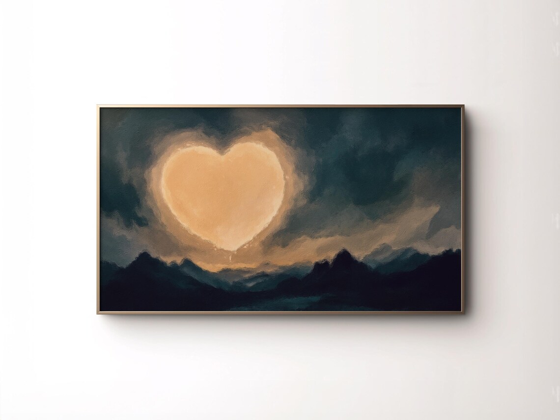 Moody Heart Shaped Moon Over Dark Mountain Night Landscape Art Poster