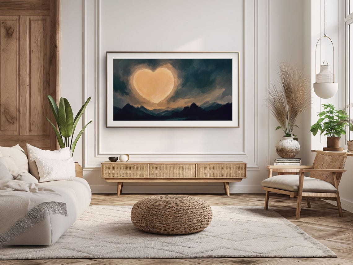 Moody Heart Shaped Moon Over Dark Mountain Night Landscape Art Poster - Image 3