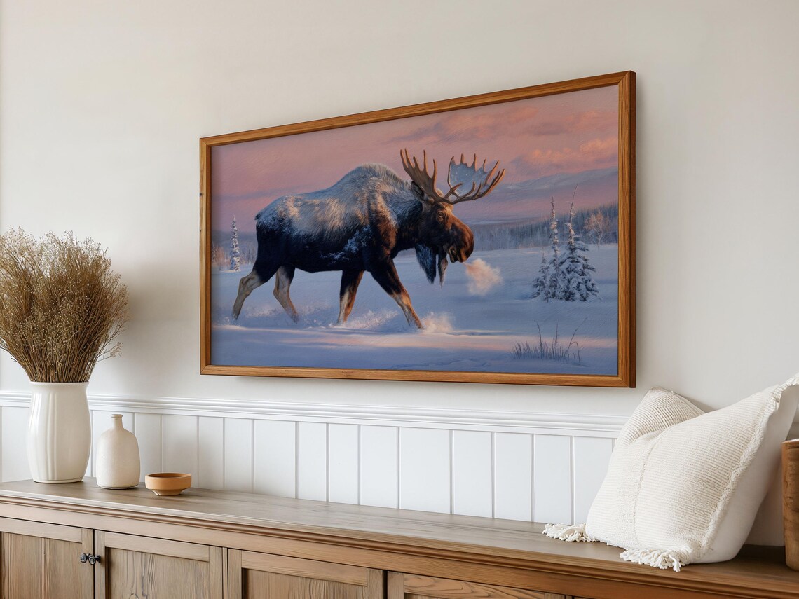 Bull Moose Walking Snowy Forest Dusk Pink Sky Wildlife Poster