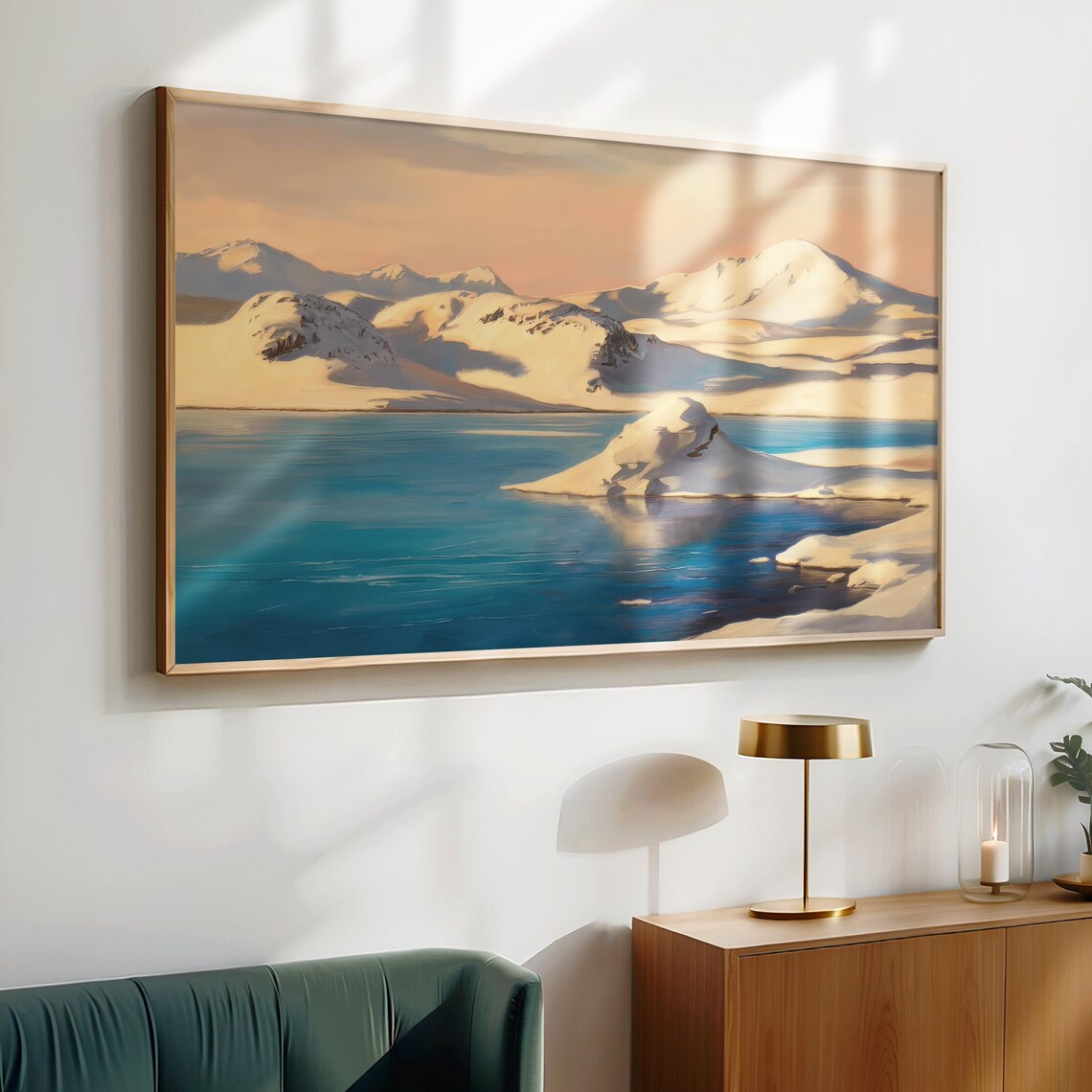 Serene Snowy Mountain Lake Pastel Winter Landscape Farmhouse Wall Art - Image 4