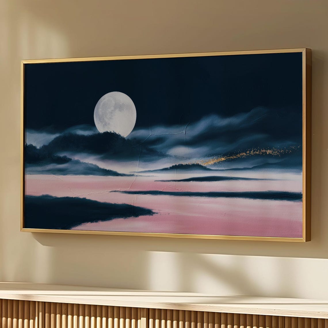 Full Moon Pink Clouds Dark Navy Sea Abstract Modern Coastal Art Poster - Image 4
