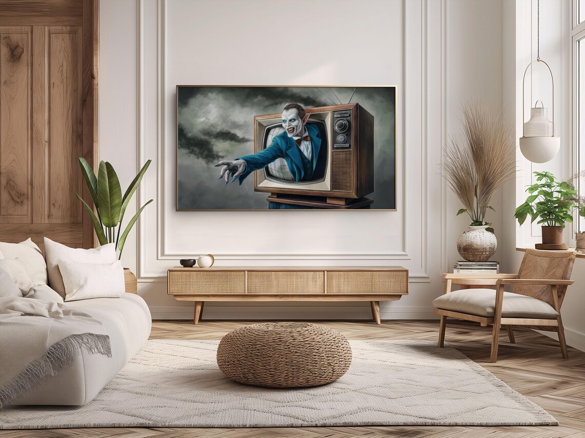 Retro Vampire Climbing Out Vintage TV Dark Moody Halloween Art Poster - Image 3
