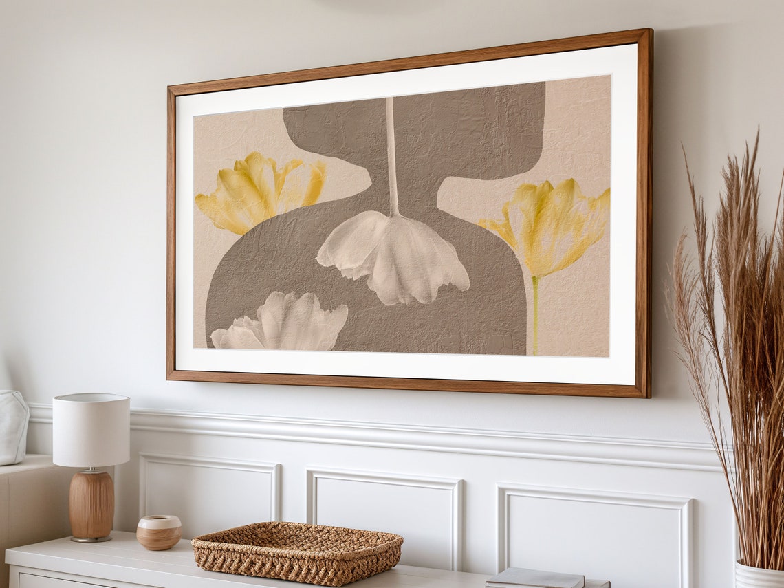 Modern Minimalist Beige Floral Abstract Yellow Tulips Texture Wall Art - Image 2