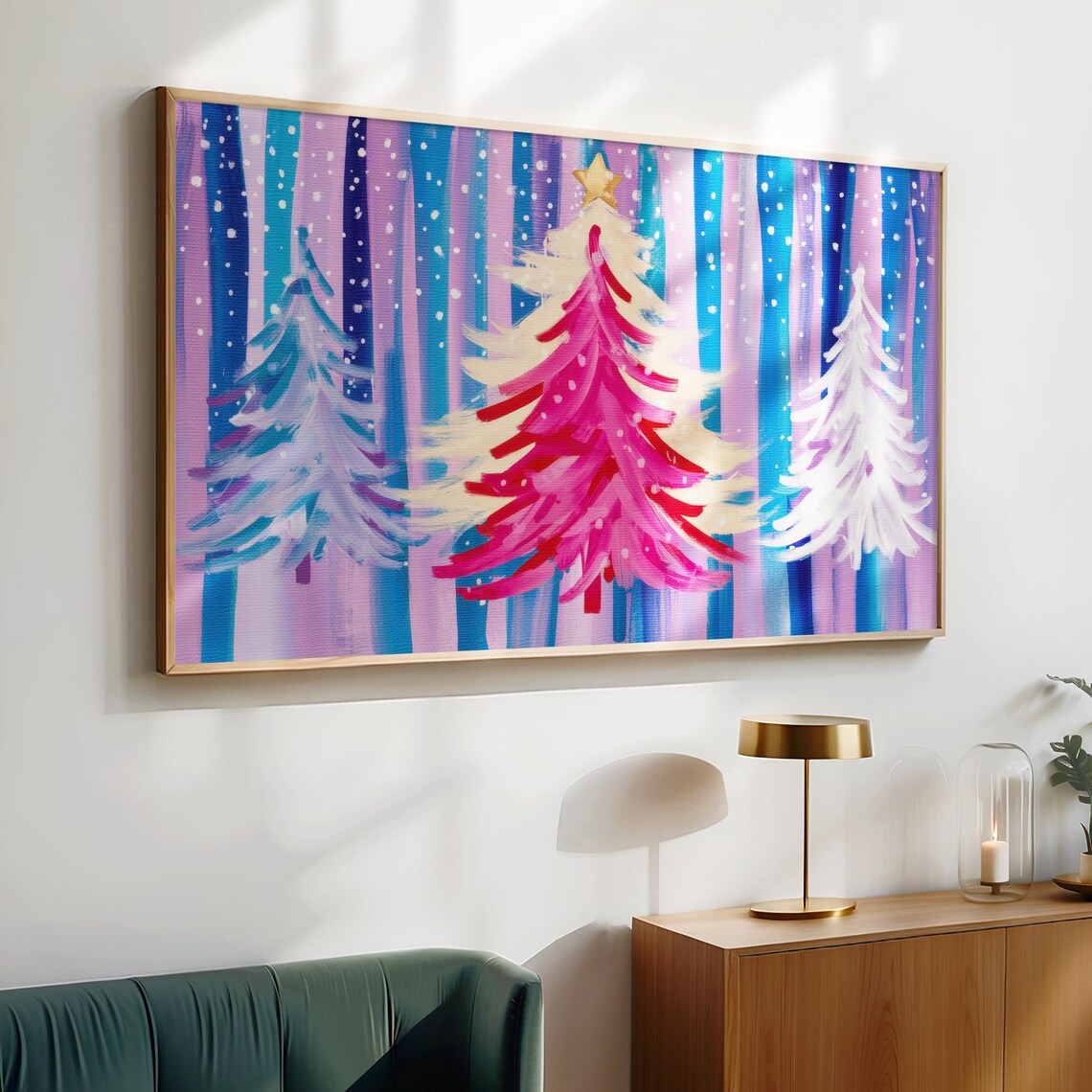 Pink Blue White Whimsical Christmas Trees Snowy Abstract Poster - Image 2