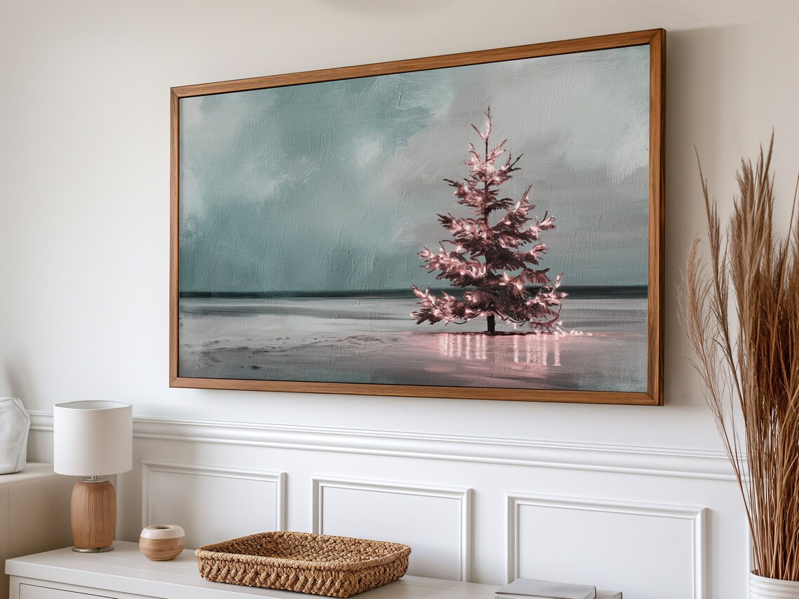 Coastal Winter Christmas Tree Art Print, Holiday Decor