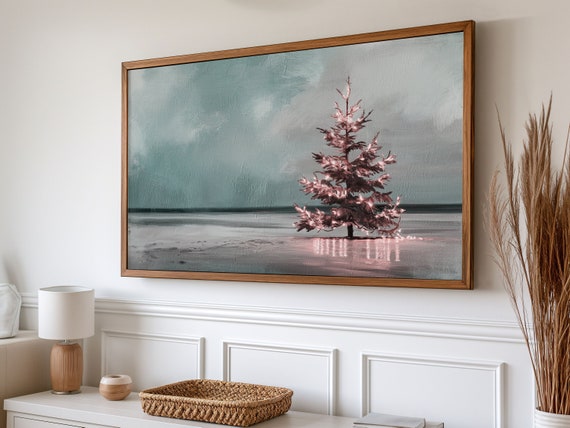 Coastal Winter Christmas Tree Art Print, Holiday Decor