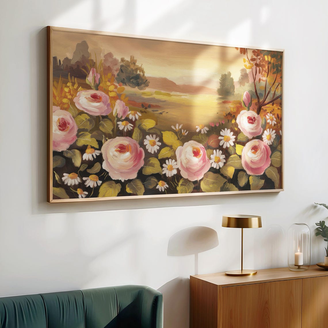 Pink Roses Daisies Sunset Garden Rustic Cottagecore Floral Poster - Image 2