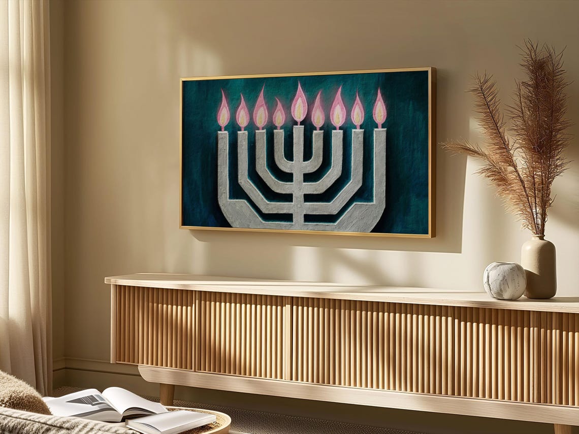Hanukkah Menorah Nine Lit Candles Teal Background Holiday Poster - Image 2