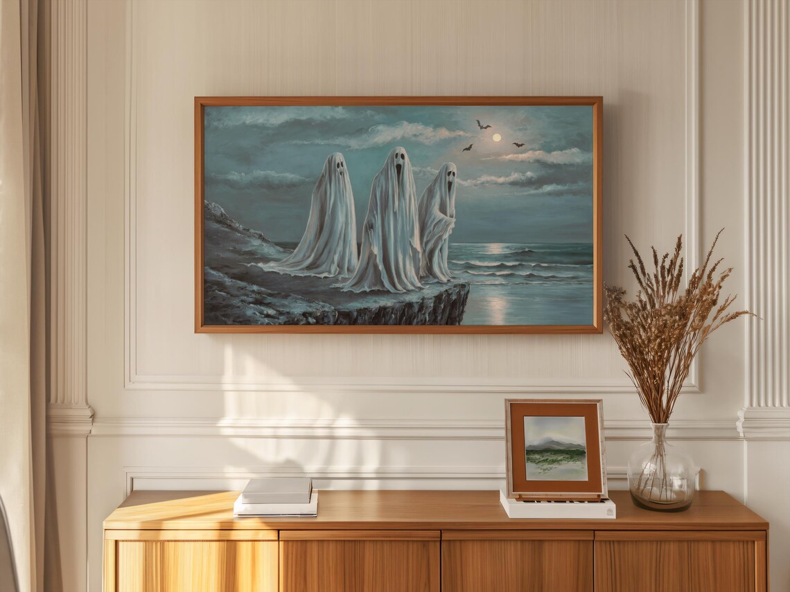 Three Ghosts Moonlit Cliff Sea Bats Moody Coastal Halloween Art Poster - Image 2