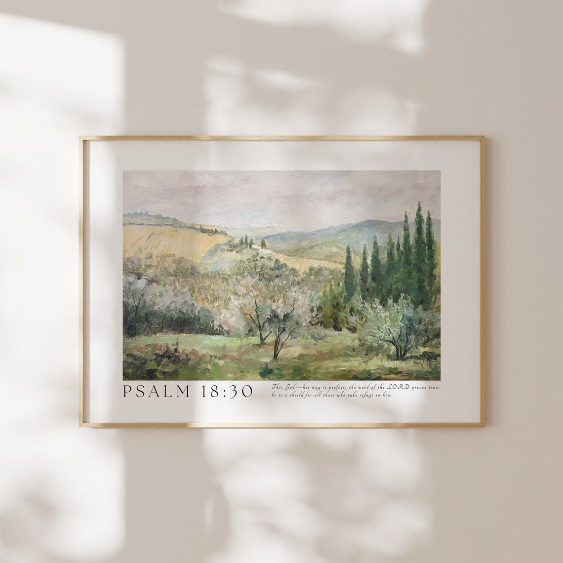 Psalm 18:30 Tuscan Cypress Rolling Hills Landscape Scripture Poster
