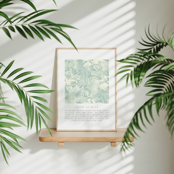 John 12:12-13 Palm Sunday Teal Botanical Bible Verse Wall Poster