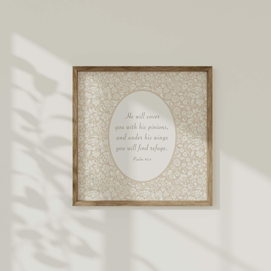 Psalm 91:4 Under His Wings Refuge Beige Floral Damask Nursery Poster - Image 2