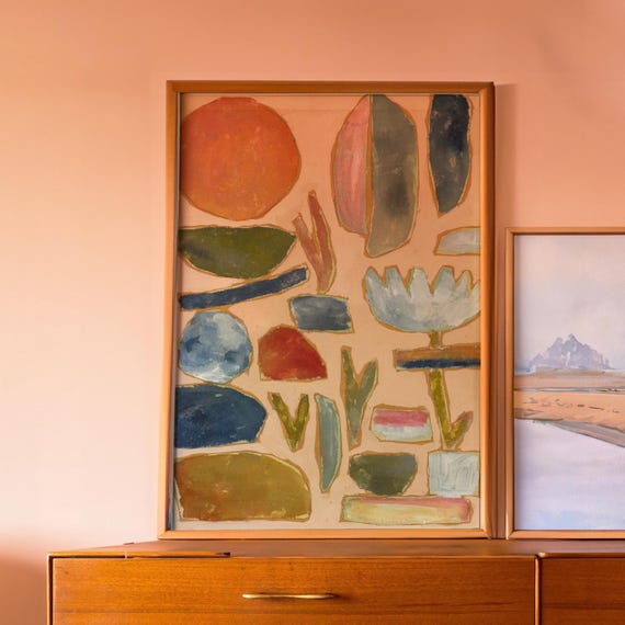 Peach Earth Tones Blues Poster Midcentury Modern Neutral Rock Collage Painting Giclee Print Abstract Minimalist Wall Decor Eclectic