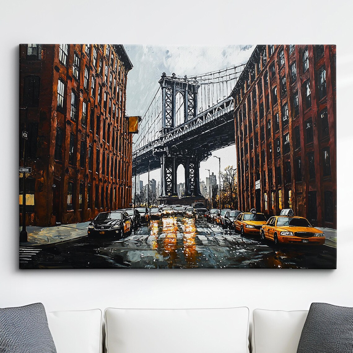 Manhattan Bridge New York Rainy Night City Street Painting Poster