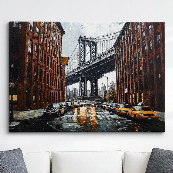 Manhattan Bridge New York Rainy Night City Street Painting Poster
