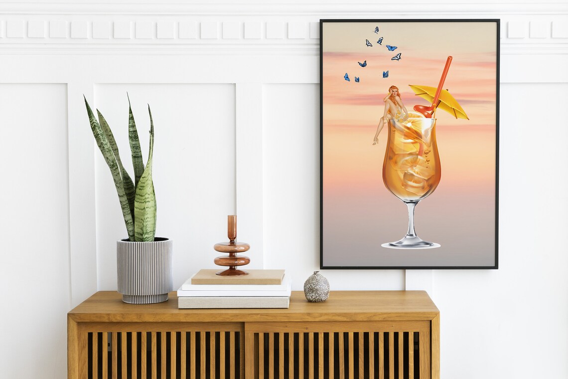 Giant Tropical Cocktail Pin-Up Woman Surreal Sunset Bar Cart Poster - Image 2