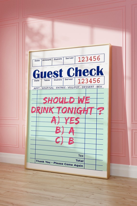 Guest Check Print Funny Bar Cart Wall Art Pink Kitchen Poster Trendy Art Decor Cocktail Sign Girly Dorm Room Decor