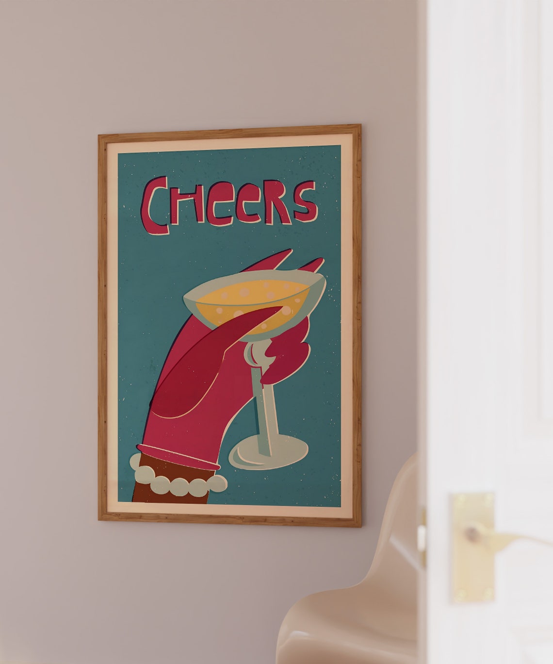 Cheers Champagne Coupe Retro Gloved Hand Bar Cart Party Poster