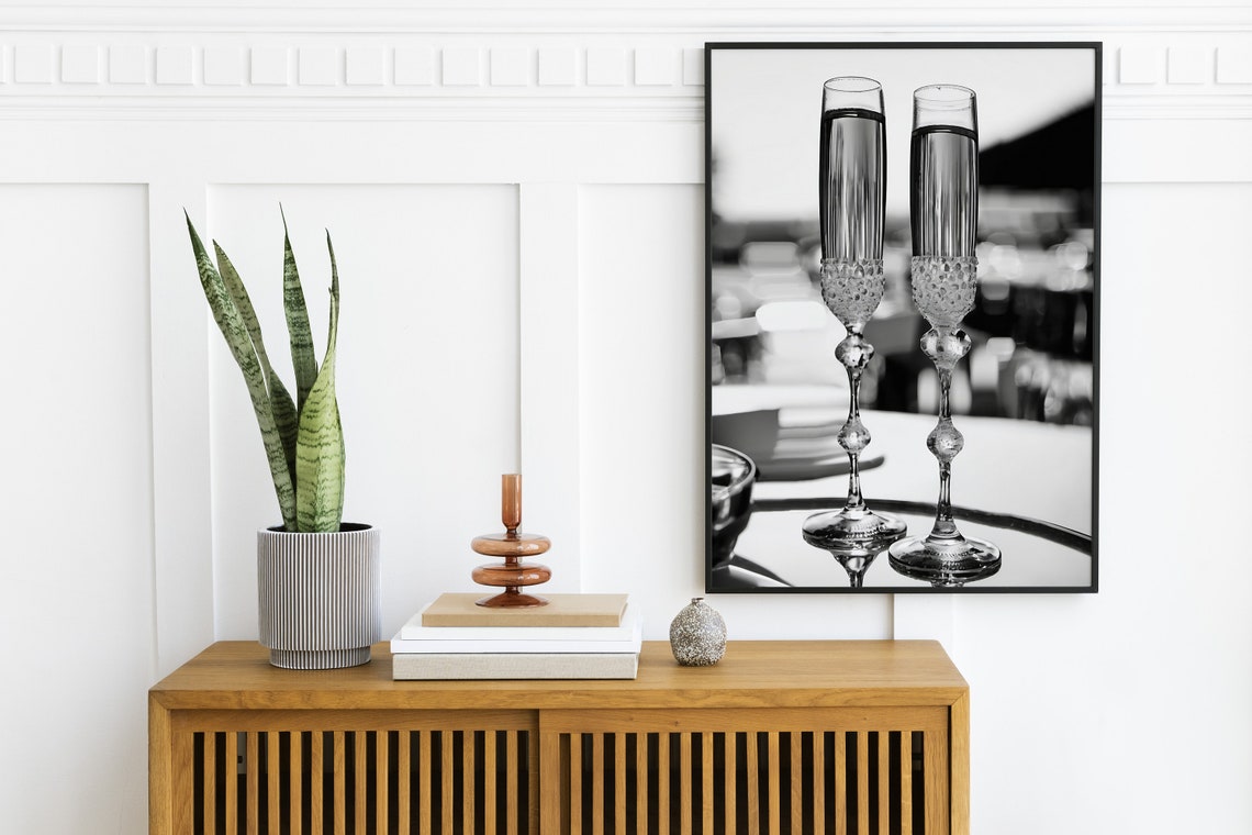 Champagne Flutes Black and White Crystal Toast Bar Cart Poster - Image 2