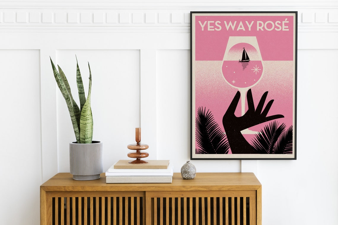Yes Way Rose Retro Pink Wine Glass Sailboat Illustration Poster - Image 2