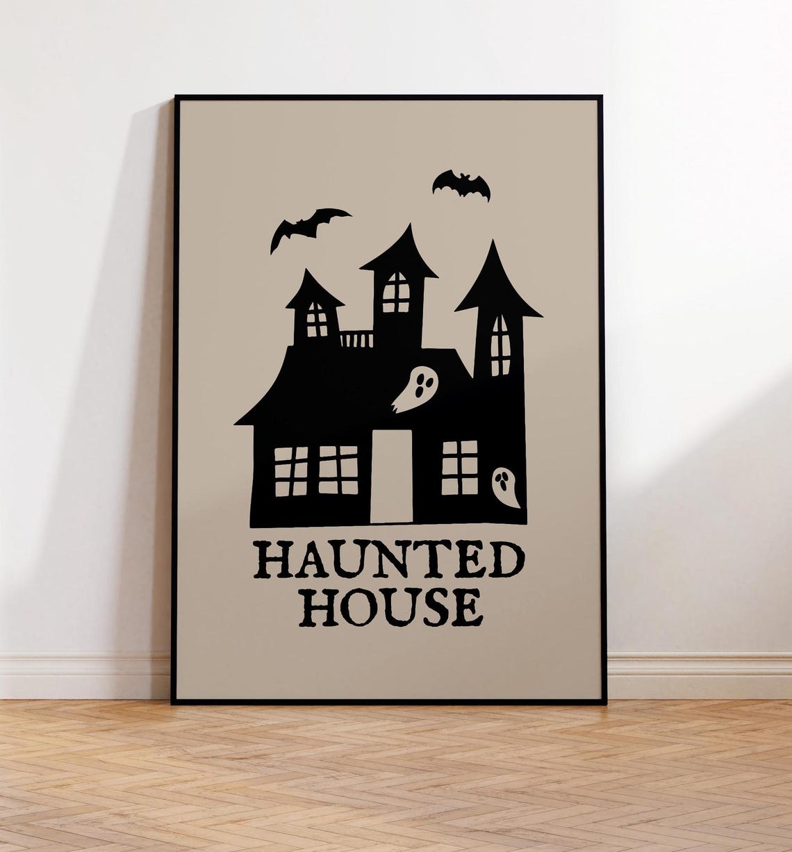 Haunted House with Ghosts and Bats Beige Minimalist Halloween Poster