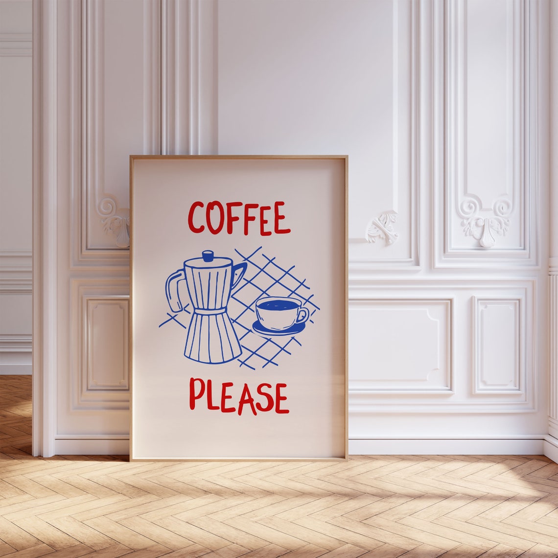 Coffee Please Red Blue Retro Moka Pot Espresso Cup Art Poster - Image 3