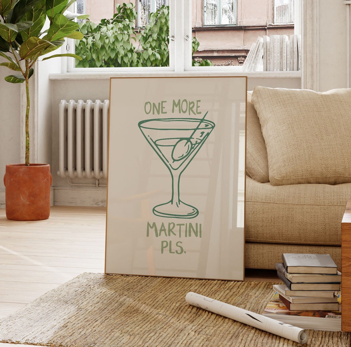 One More Martini Pls Sage Green Retro Cocktail Glass Art Poster - Image 3