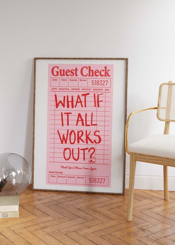Pink Funky Preppy Poster What If It All Works Out Guest Check Poster Trendy Retro Bar Cart Art Print Red Typograghic Apartment Poster