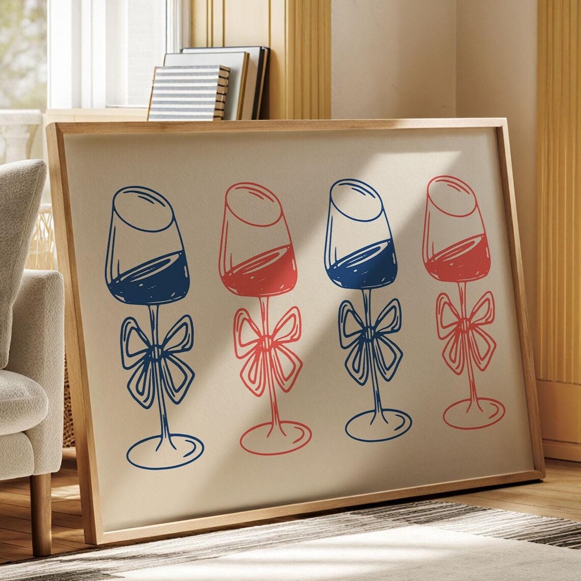 Wine Glasses With Bows Red Navy Line Art Chic Bar Cart Poster