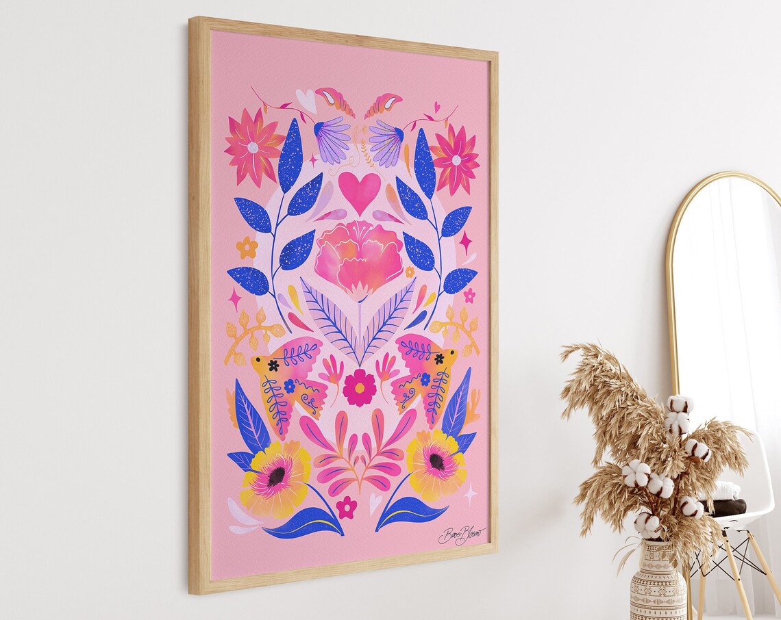 Pink Floral Boho Art Print, Folk-Inspired Florals - Image 3