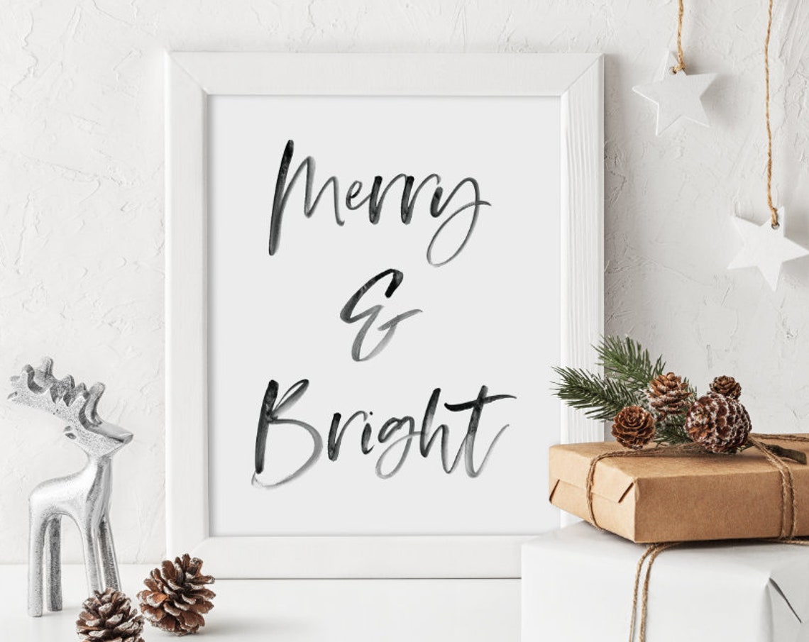 Merry And Bright Christmas Hand Lettered Black White Wall Art Print