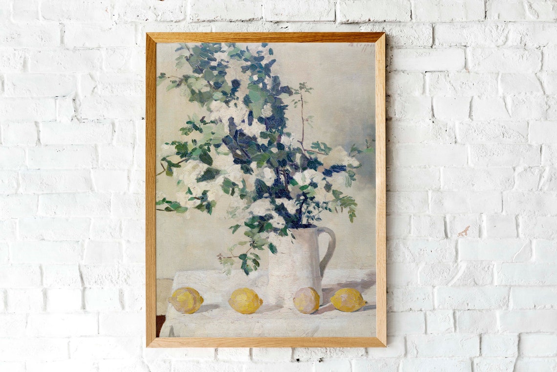 White Blossom Pitcher Lemons Vintage Floral Still Life Poster