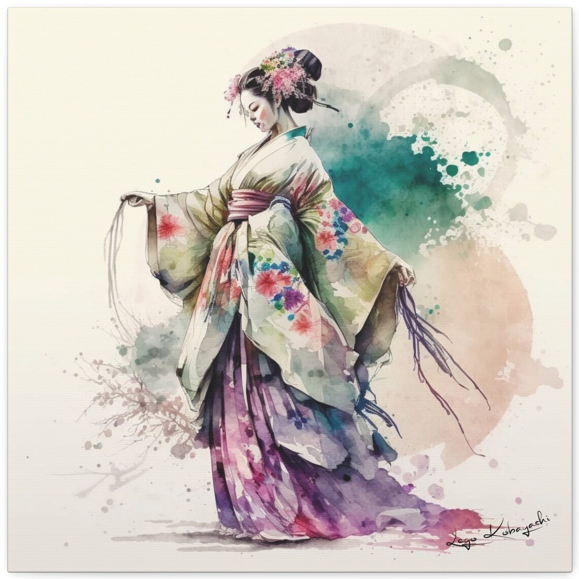 Japanese Geisha Open Sleeves White Floral Kimono Theatrical Art Poster