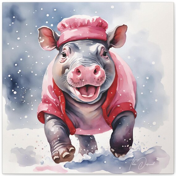 Baby Pygmy Hippo Red Winter Coat Snowy Day Cute Watercolor Poster