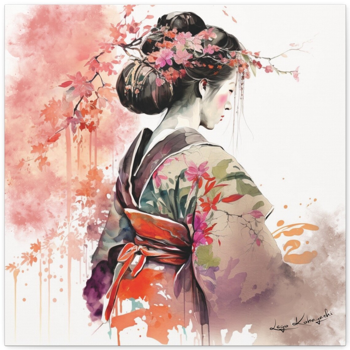 Japanese Geisha Cherry Blossom Hair Sakura Watercolor Painting Poster