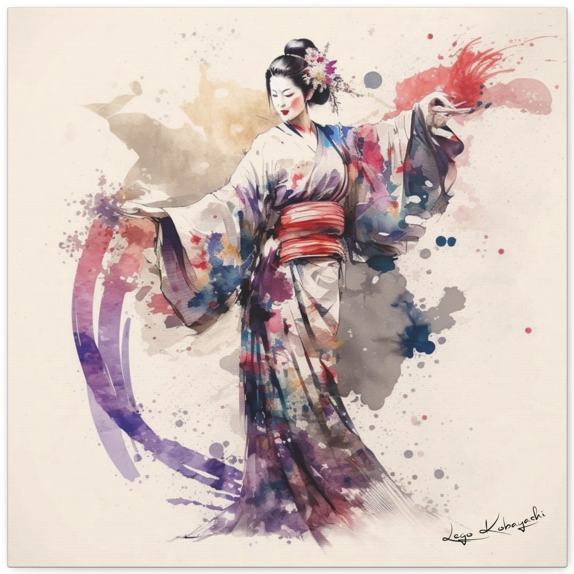 Watercolor Wall Art Artist Signed Art Living Room Wall Decor Fine Art Print Large Japanese Kimono Painting Geisha 13 Fukune