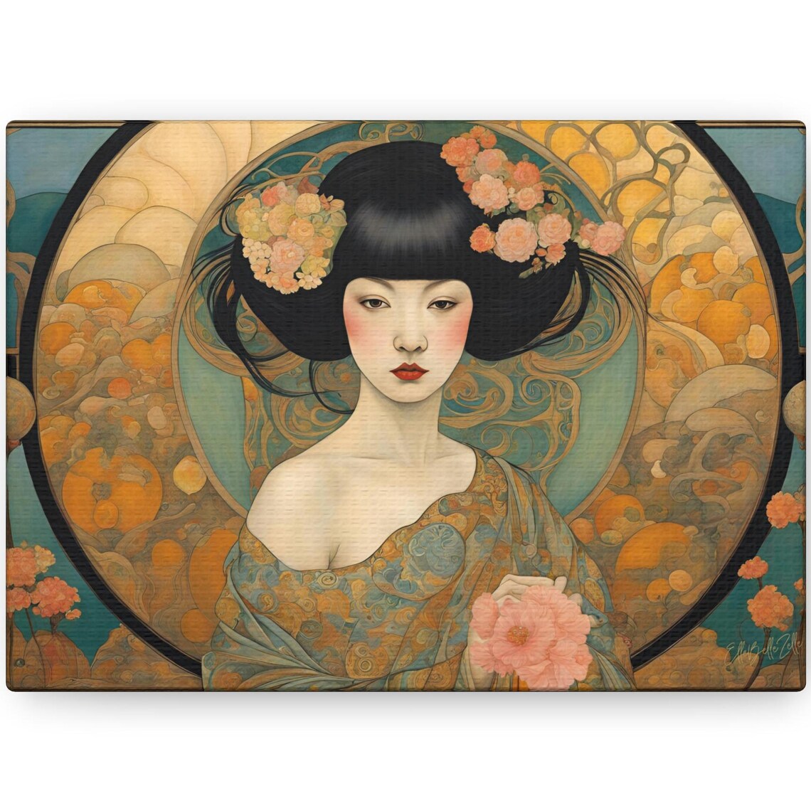 Art Nouveau Geisha Black Halo Gold Portrait Floral Elegance Wall Art - Image 2