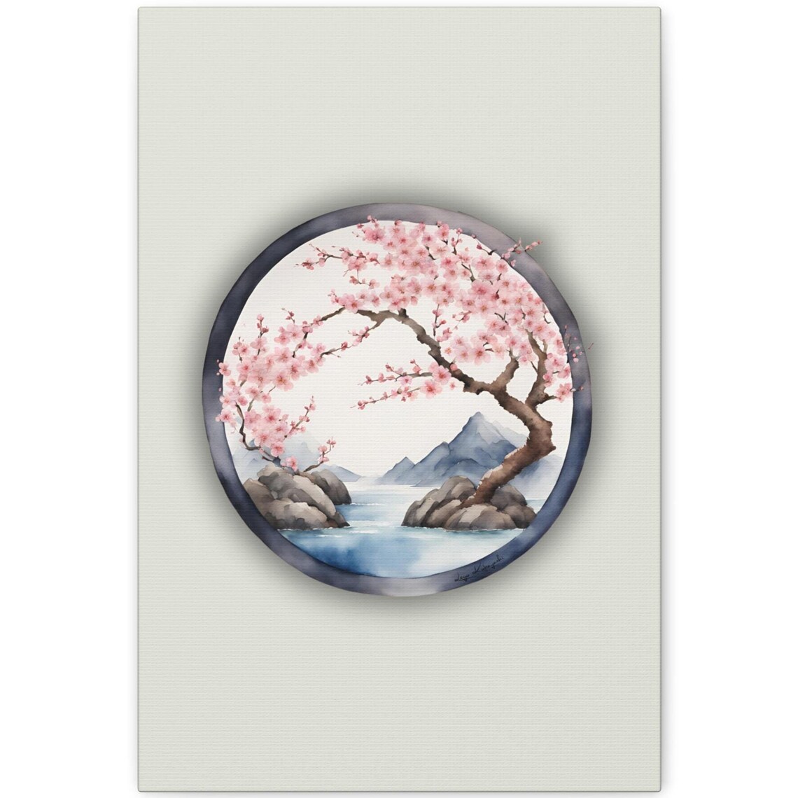 Cherry Blossom Mountain Lake Moon Window Zen Watercolor Art Poster - Image 3