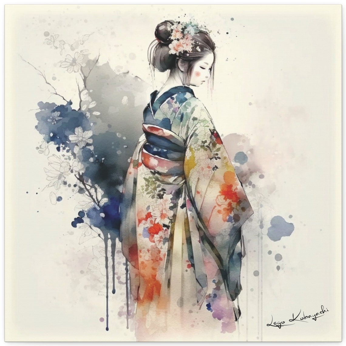 Japanese Geisha Back View Blossom Branch Kimono Watercolor Poster