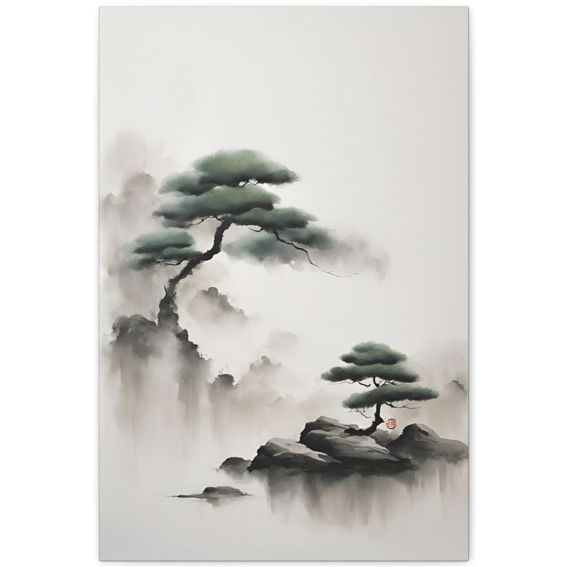 Bonsai Pine Rocks Mist Minimalist Japanese Ink Wash Zen Painting Print - Image 2