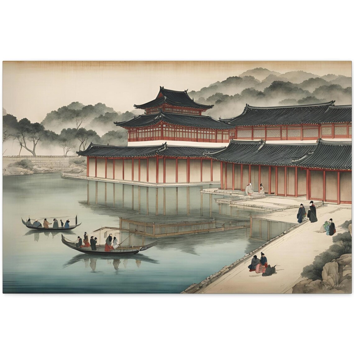 Korean Royal Palace Lake Boats Misty Mountains Ink Wash Art Poster