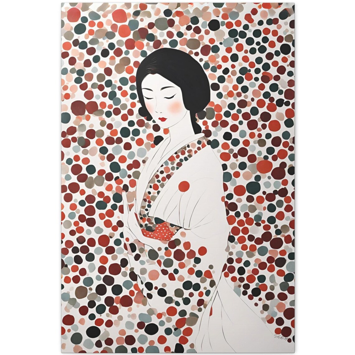 Japanese Geisha White Kimono Red Dots Pointillism Elegant Art Poster