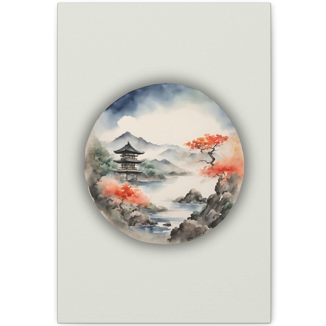 Japanese Pagoda Temple River Autumn Maples Round Window Art Poster - Image 3