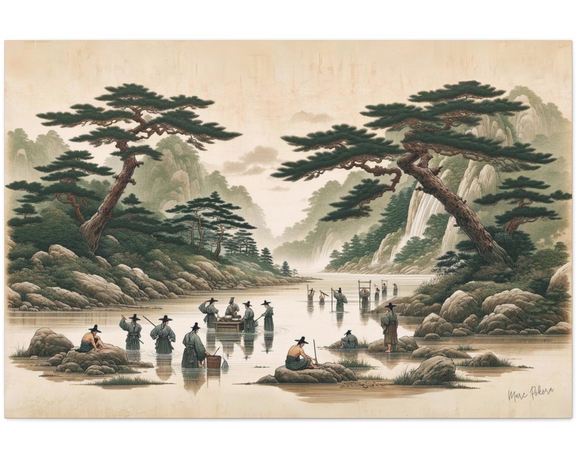 Korean Morning River Wash Waterfall Pines Dawn Meditative Art Poster