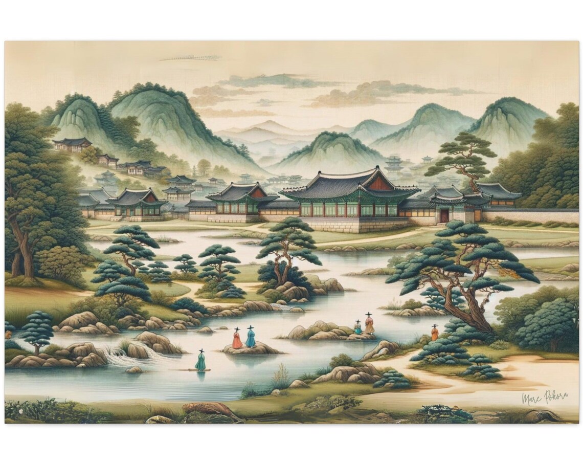 Korean Joseon Village Palace Lake Spring Mountains Hanbok Art Poster