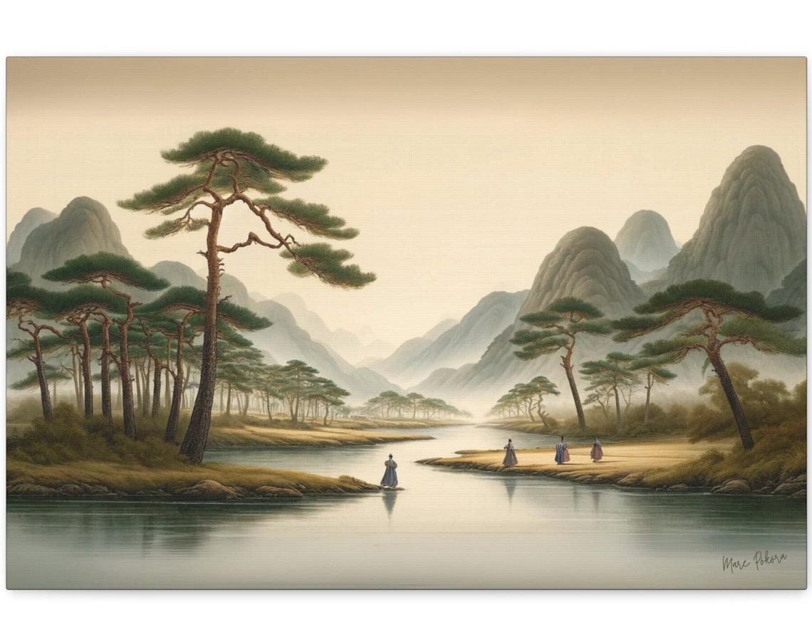 Korean Ink Wash River Valley Pine Mountains Joseon Serene Art Poster