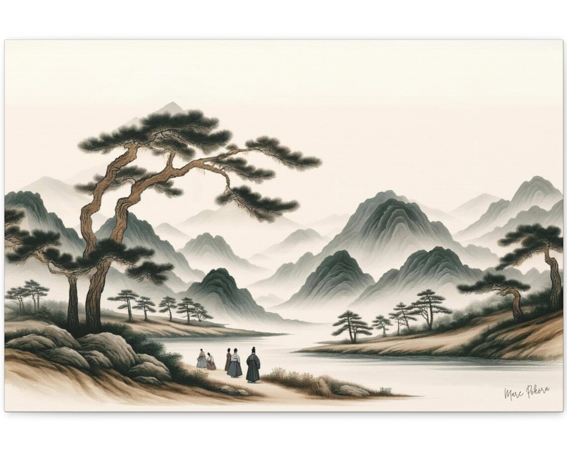 Korean Misty Mountains Glassy Lake Travelers Pine Tranquil Art Poster